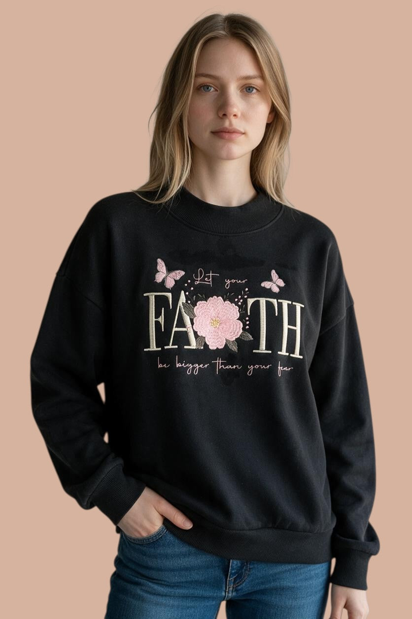 Black Faith Embroidered Mock Turtleneck Sweatshirt